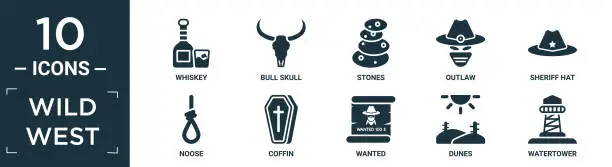 Vector illustration of filled wild west icon set. contain flat whiskey, bull skull, stones, outlaw, sheriff hat, noose, coffin, wanted, dunes, watertower icons in editable format..