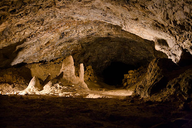 Wierzchowska Gorna Cave with stalactites and stalagmites in Wierzchowie, Poland. stock photo