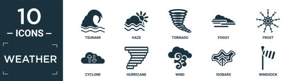 ilustraciones, imágenes clip art, dibujos animados e iconos de stock de conjunto de iconos meteorológicos rellenos. contienen tsunami plano, neblina, tornado, niebla, escarcha, ciclón, huracán, viento, isobaras, iconos de calcetines de viento en formato editable. - weather climate cyclone icon set