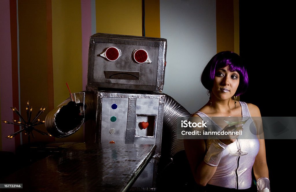 Triste robot con spacegirl - Foto stock royalty-free di Costume di scena