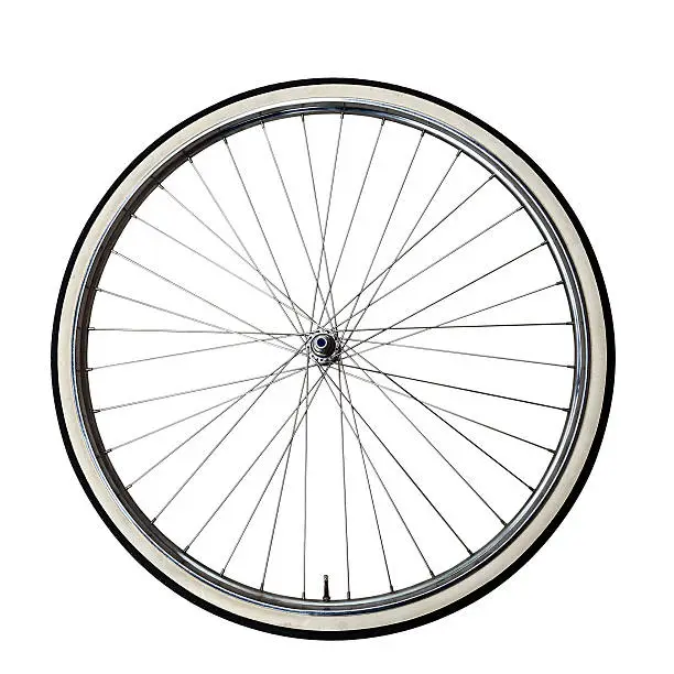 Old wheel of a bicycle with vintage tire black and white. Clipping path included