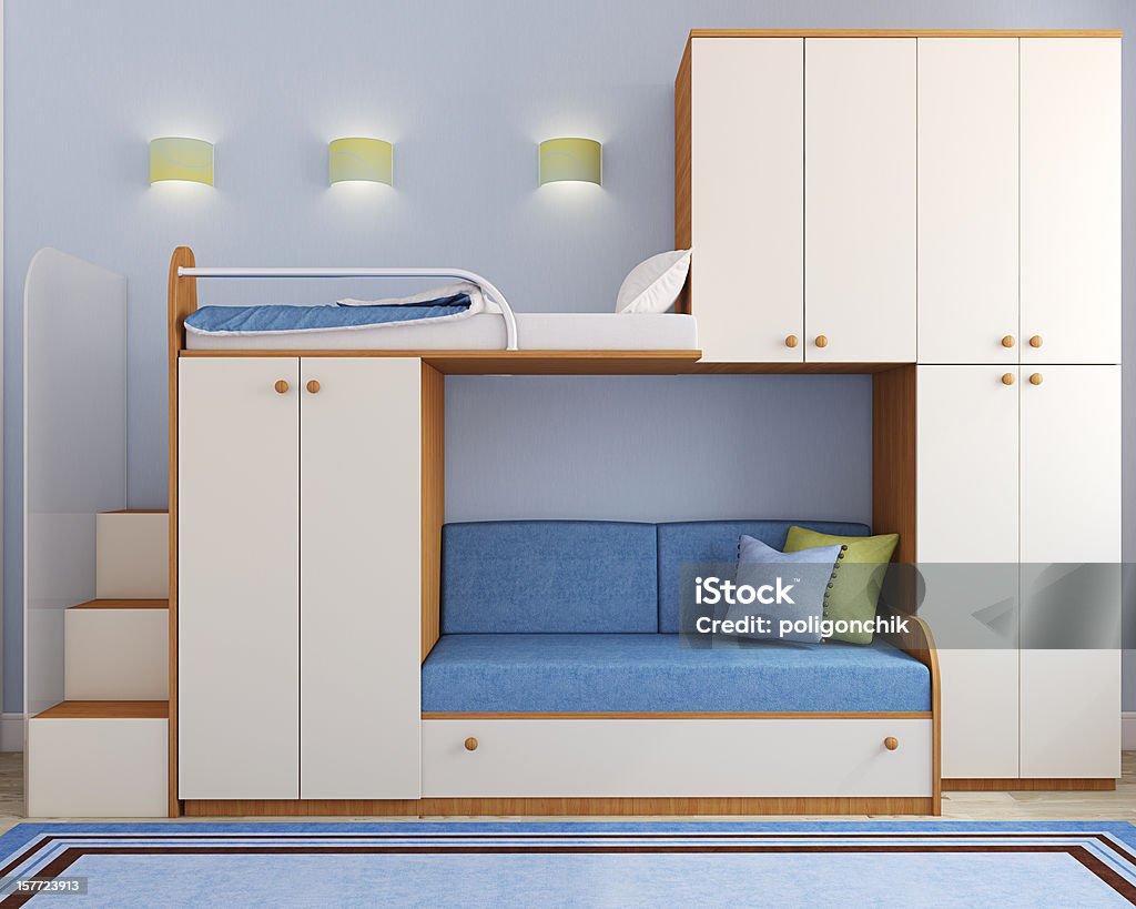 Children's bedroom in blue Playroom interior for two children. 3d render. Bed - Furniture Stock Photo