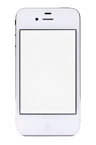 Blank white screen smart phone mockup, template with clipping path on white background, hovering.