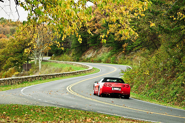 Corvette On Autumn S-Curved Road  driving winding road stock pictures, royalty-free photos & images