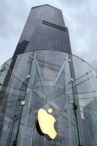 Hong Kong, China - October 20, 2018:  Apple Inc logo at Hong Kong Apple store. The first Apple store in IFC, Hong Kong opened on the September 24, 2011