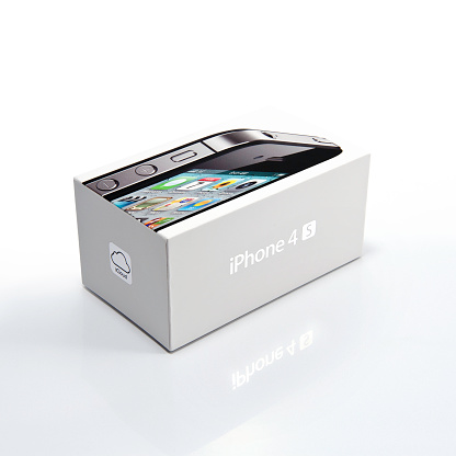 Oxford, England - October 16, 2011: New Apple iPhone 4S 16gb original packaging box.