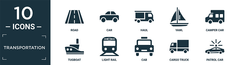 filled transportation icon set. contain flat road, car, haul, yawl, camper car, tugboat, light rail, cab, cargo truck, patrol car icons in editable format.