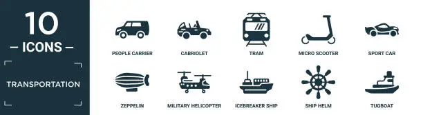 Vector illustration of filled transportation icon set. contain flat people carrier, cabriolet, tram, micro scooter, sport car, zeppelin, military helicopter, icebreaker ship, ship helm, tugboat icons in editable format..