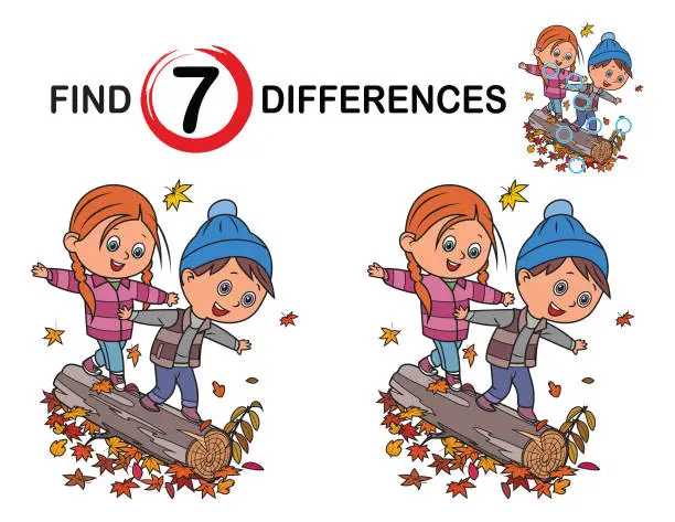 Vector illustration of Find differences, Children Having Fun And Balancing On Tree In Fall Woodland