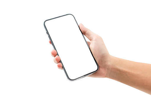 Hand showing smartphone with blank screen isolated on white background.
