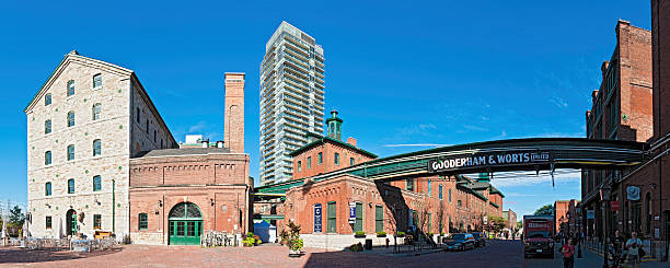 Red brick smoke stack with buildings at distillery district Toronto Ontario