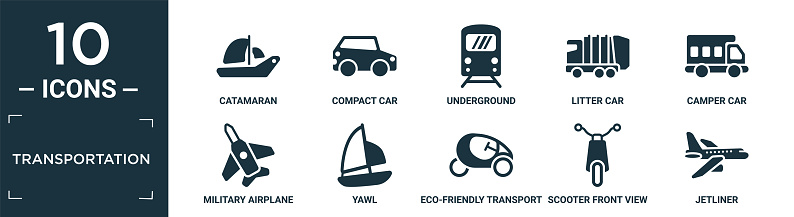 filled transportation icon set. contain flat catamaran, compact car, underground, litter car, camper car, military airplane, yawl, eco-friendly transport, scooter front view, jetliner icons in