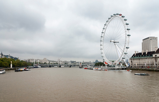 Warm photo of the iconic London Eye from the other side of the River Thames.