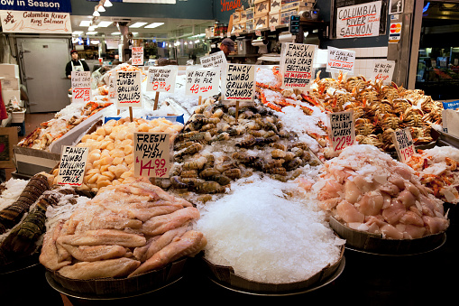 Smoked scallops, mussels and salmon jerky for sale at the famous farmer's market in Seattle, Washington