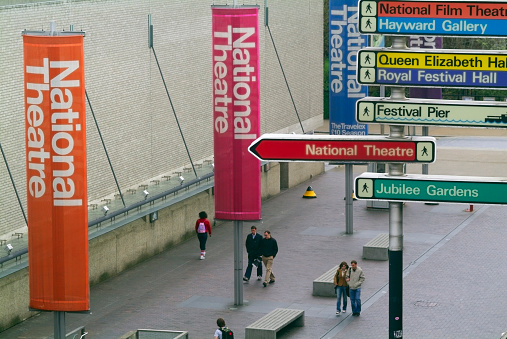 London, England - April 29, 2006: the National Theatre, just outside the Waterloo train station in London, is clearly signposted, and tourist indications for other local attractions (National Film Theatre; Queen Elizabeth Hall; Hayward Gallery; Royal Festival Hall) mix with the vertical banners of the NT.