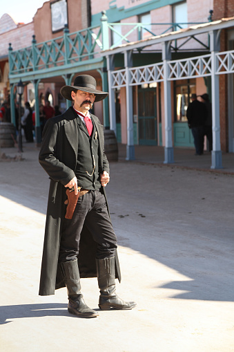 Tombstone, Arizona, Usa - February 3, 2008: The actor stands on the street playing Wyatt Earp, Sheriff of Tombstone