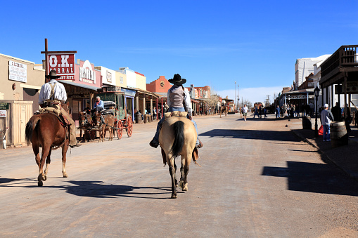 Tombstone, Arizona, Usa - February 3, 2008:  The Actors play couple of cowboys coming to Tombstone, city in Cochise County, Arizona, United States, founded in 1879. It was one of the last wide-open frontier boomtowns in the American Old West.