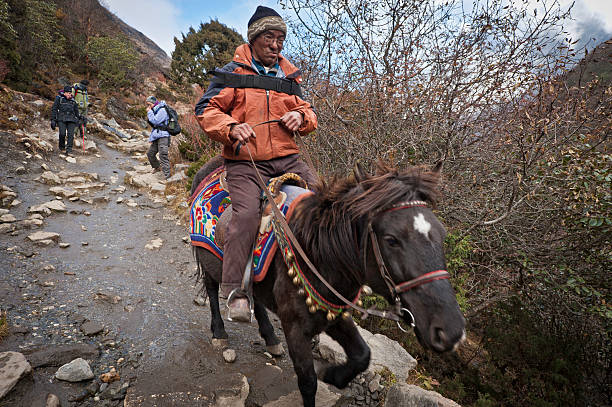 a lone sherpa on horseback descending from Mount Everest base camp in Nepal, on a sunny day with giant mountain range in distance and dramatic clouds