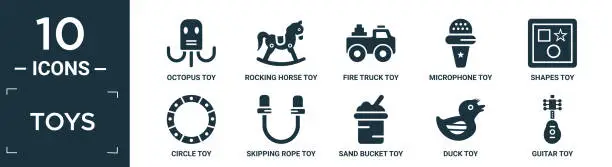 Vector illustration of filled toys icon set. contain flat octopus toy, rocking horse toy, fire truck toy, microphone shapes circle skipping rope sand bucket duck guitar icons in editable format..