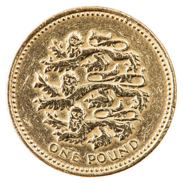 One Pound Coin With English Lions Macro photograph of a scratched and damaged British one pound coin featuring the three lions insignia of England. three lions england stock pictures, royalty-free photos & images