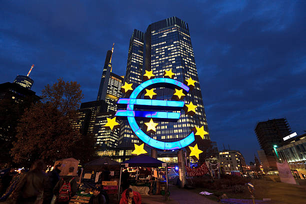 The euro symbol in front of the former ECB (European Central Bank) in Frankfurt city centre