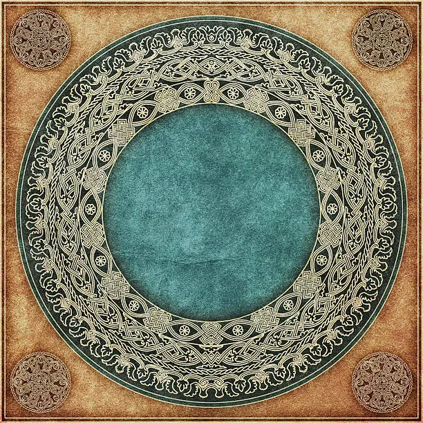 This High Resolution, Medieval Decorative Gilded Rosette-shaped Elaborate Arabesque Pattern, on Old Animal Skin Parchment Vignette Grunge Texture, is defined with exceptional details and richness, and represents the excellent choice for implementation within various CG Projects. 