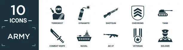 Vector illustration of filled army icon set. contain flat terrorist, dynamite, shotgun, chevrons, tank, combat knife, naval, ak 47, veteran, soldier icons in editable format..