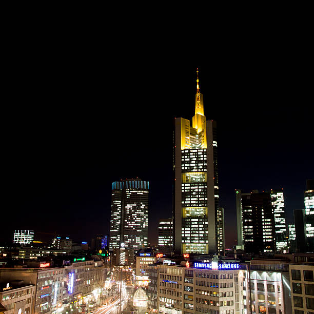 Frankfurt, Germany 27 september 2018. Omniturm Tower and Grosse Gallusstrasse Street at Bankenviertel business district - Frankfurt, Germany. tall modern blue skyscrapers with large glass