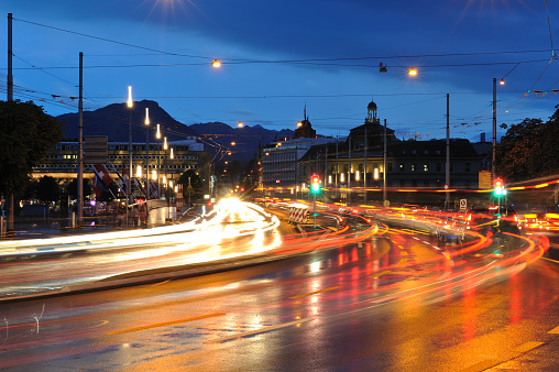 Uppsala, Sweden - november 18 2023: Bus departing at Centralhuset at night.