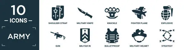 Vector illustration of filled army icon set. contain flat shoulder strap, military knife, knuckle, fighter plane, explosive, gun, militar in, bulletproof, military helmet, strategy icons in editable format..