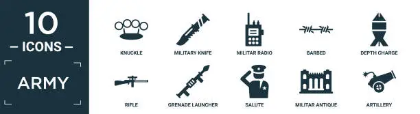 Vector illustration of filled army icon set. contain flat knuckle, military knife, militar radio, barbed, depth charge, rifle, grenade launcher, salute, militar antique building, artillery icons in editable format..