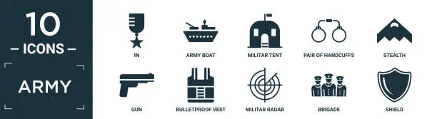 Vector illustration of filled army icon set. contain flat in, army boat, militar tent, pair of handcuffs, stealth, gun, bulletproof vest, militar radar, brigade, shield icons in editable format..