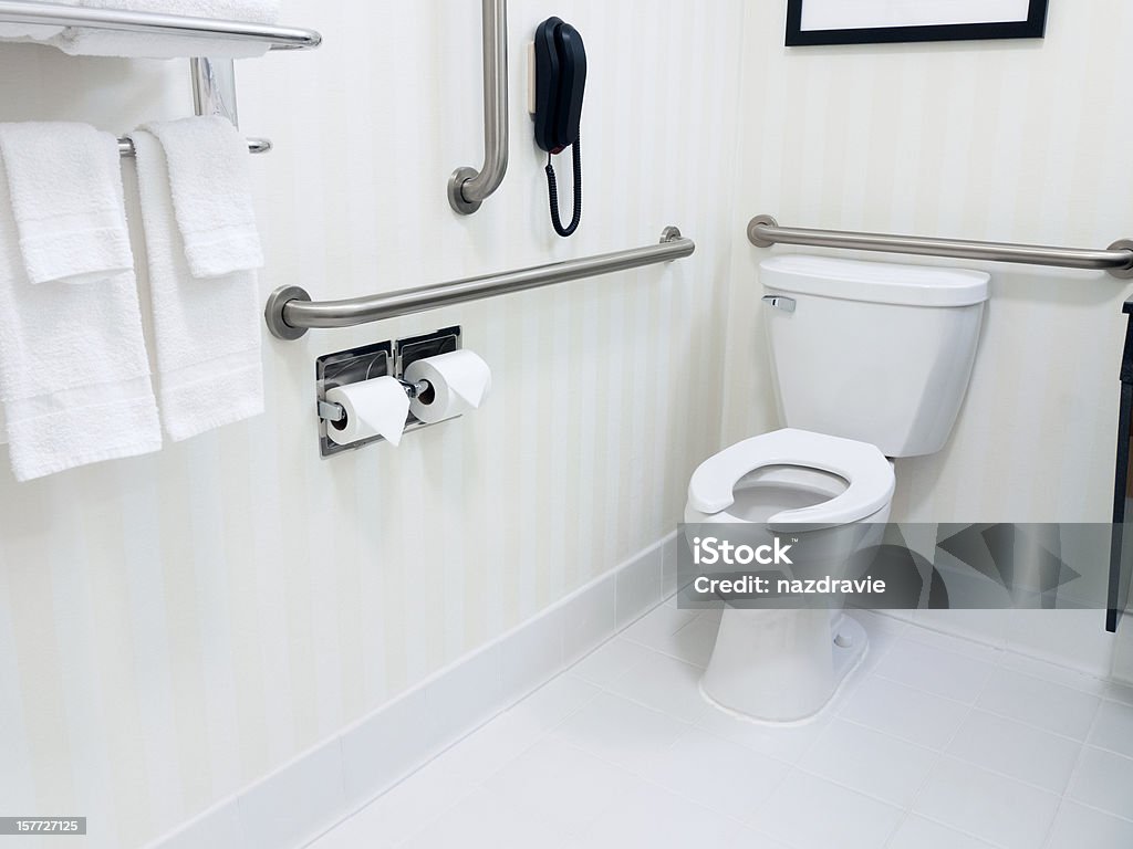 Handicapped Access Bathroom Handicapped access bathroom with grab bars Bannister Stock Photo