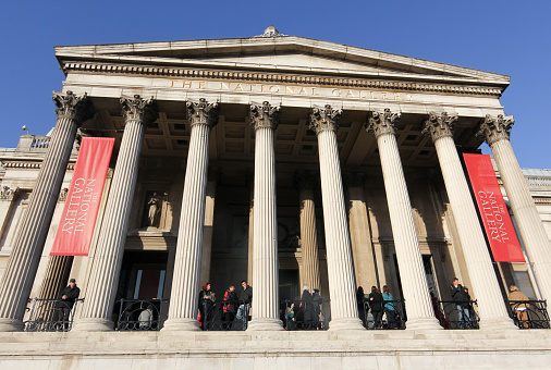The National Gallery, an art museum in Trafalgar Square in the City of Westminster, London, England. Founded in 1824. Shot 29th October 2022.