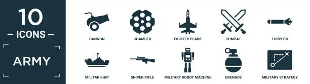 Vector illustration of filled army icon set. contain flat cannon, chamber, fighter plane, combat, torpedo, militar ship, sniper rifle, military robot machine, grenade, military strategy icons in editable format..