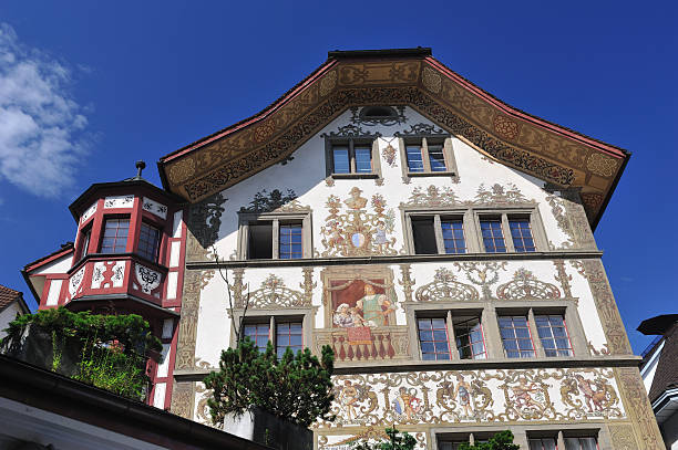 St.Gallen old town with a bay window architectural feauture. Seen at an old building in the historic city.