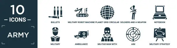 Vector illustration of filled army icon set. contain flat bullets, military robot machine, planet grid circular, soldiers and a weapon, notebook, military, ambulance, militar man with protection, aim, military strategy.