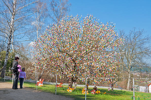A decorative Easter egg, speckled with red dots, hangs from a tree branch against a blue sky. A festive, seasonal scene perfect for spring and Easter.
