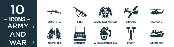 Vector illustration of filled army and war icon set. contain flat sniper rifle, rifle, camouflage military clothing, airplane, helicopter, binoculars, computer, whizbang with rong, revolt, militar ship icons in editable.