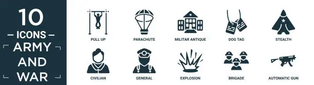 Vector illustration of filled army and war icon set. contain flat pull up, parachute, militar antique building, dog tag, stealth, civilian, general, explosion, brigade, automatic gun icons in editable format..