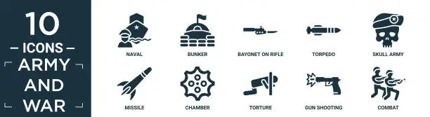 Vector illustration of filled army and war icon set. contain flat naval, bunker, bayonet on rifle, torpedo, skull army, missile, chamber, torture, gun shooting, combat icons in editable format..