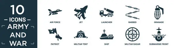 Vector illustration of filled army and war icon set. contain flat air force, jet, launcher, barbed, granade, patriot, militar tent, ship, militar radar, submarine front view icons in editable format..