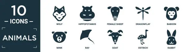 Vector illustration of filled animals icon set. contain flat wolf, hippopotamus, female sheep, dragonflay, baboon, mink, ray, goat, ostrich, rabbit icons in editable format..