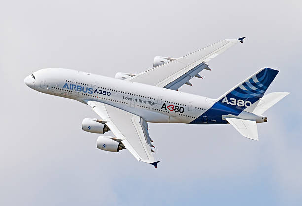 Flying Airbus A380 stock photo