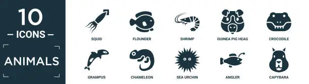 Vector illustration of filled animals icon set. contain flat squid, flounder, shrimp, guinea pig heag, crocodile, grampus, chameleon, sea urchin, angler, capybara icons in editable format..