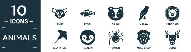 Vector illustration of filled animals icon set. contain flat lemur, perch, skunk, macaw, hedgehog, manta ray, penguin, spider, male sheep, moose icons in editable format..