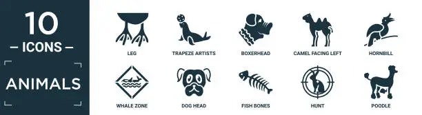 Vector illustration of filled animals icon set. contain flat leg, trapeze artists, boxerhead, camel facing left, hornbill, whale zone, dog head, fish bones, hunt, poodle icons in editable format..