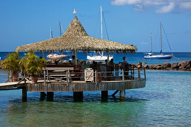 Fort-de-France harbour, Martinique. Two white sailboats with tall masts float gently on the serene turquoise waters of a tropical bay, one closer with a grey hull and the other slightly farther back. A red buoy marks the water nearby, while lush green mountains rise in the background under a clear blue sky. The scene captures a peaceful daytime maritime setting with no people visible, evoking tranquillity and natural beauty. Ideal for commercial uses in travel brochures, nautical lifestyle articles, adventure tourism promotions, environmental conservation campaigns, or backgrounds in media content about coastal leisure and sailing vacations.
