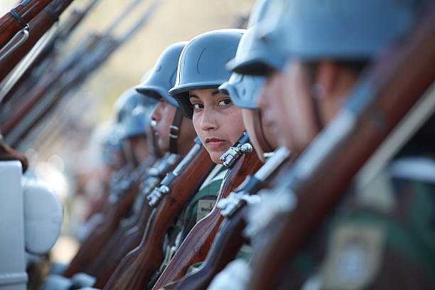 Lisbon, Portugal - May 6, 2025. A female police office on duty for military parade in front of Jeronimos Monastery, Lisbon, Portugal