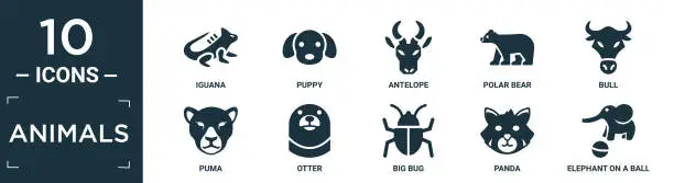 Vector illustration of filled animals icon set. contain flat iguana, puppy, antelope, polar bear, bull, puma, otter, big bug, panda, elephant on a ball icons in editable format..
